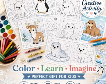 Arctic Animals Coloring Pages Printable PDF, Polar Bear Coloring Book, Winter Animal Activity, Kids Coloring Pages, Instant Download