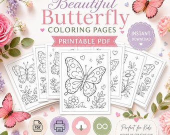 Dibujos para colorear de mariposas en PDF para imprimir, libro para colorear de mariposas adorables, actividad de primavera para niños, descarga instantánea, colorear naturaleza.
