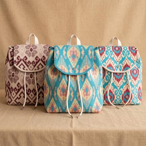 Woven Backpack, Handmade Boho Rucksack, Ikat Pattern Bag, Drawstring Backpack, Colorful Fabric Backpack, Travel Daypack