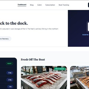 May include: A digital dashboard interface for Shoreline CSF North Point Fishery featuring a welcome message, navigation menu, and a section titled Fresh Off The Boat displaying images of sockeye salmon fillets and crabs on ice with weight data.