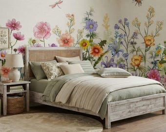 Colorful Wildflower Wall Decals | Butterfly Floral Botanical Wall Stickers | Peel & Stick Flower Decor