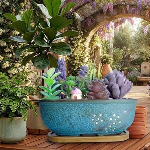 Blue Glazed Rectangular Ceramic Bonsai Planter with Tray | 7.9" Succulent Pot