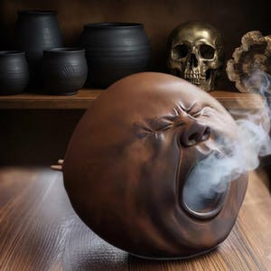 May include: A brown ceramic incense burner shaped like a round head with a wide-open mouth emitting white smoke. The sculpture features detailed facial expressions with closed eyes and a nose. The surface has a smooth, matte brown finish.