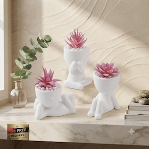 3-Piece Black Faux Succulent Set | Human-Shaped Planters | Modern Desk & Home Decor