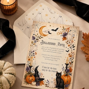 Könnte beinhalten: Eine rechteckige Halloween-Partyeinladung mit einer Mondsichel, Geistern, Fledermäusen, einer schwarzen Katze, Kürbissen und einem Hexenhut. Der Text lautet: You're invited to a Halloween Party, October 31st, 2026, at 6:00 PM, The Addams Family Home.