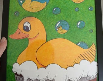 Bubble Ducks on 9x12in canvas made with colored ink original artwork