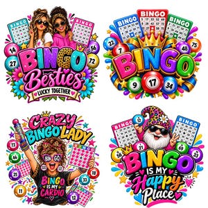 May include: A collection of four colorful digital illustrations featuring bingo themes. Designs include two people with bingo cards, a crown atop bingo balls, a person with a bingo dauber and shirt text, and a gnome with sunglasses and bingo cards.