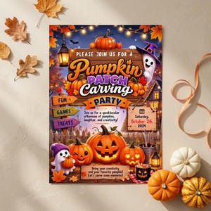 Peut inclure: Un flyer d'invitation rectangulaire pour une fête d'Halloween avec un panneau en bois portant le texte 'PLEASE JOIN US FOR A PUMPKIN PATCH CARVING PARTY'. Le design inclut des citrouilles orange, un fantôme blanc, des feuilles d'automne et des guirlandes.