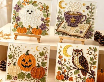 May include: Four square glass art panels on wooden easels. One shows a white ghost with pumpkins and flowers. Another features a purple teacup on an open book with a crescent moon. A third displays three pumpkins. The fourth shows an owl with a moon.