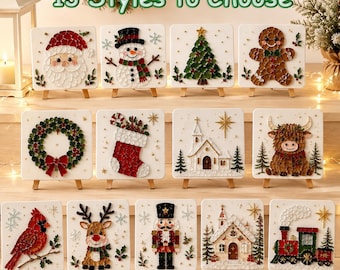 Weihnachtliches Mosaik-Bastelset mit 13 Motiven, inklusive Brett, Staffelei, Glasstücken, Kleber, Pinzette, Nussknacker-Zug-Kranz, Weihnachtsbaumdekoration und Geschenkidee