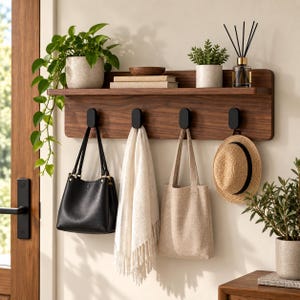 May include: A wall-mounted dark wood coat rack featuring a top shelf and four black hooks. The shelf holds a potted plant, a small wooden bowl, two books, and a reed diffuser. Hanging from the hooks are a black handbag, a white fringed scarf, a beige tote bag, and a straw hat.