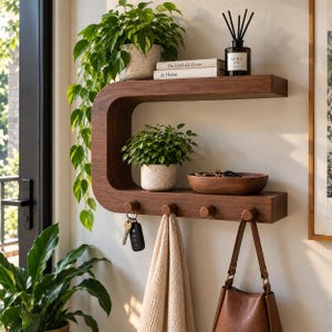Op de afbeelding: Een C-vormige wandplank van donker hout met twee niveaus voor opslag. Het bovenste niveau bevat een plant in een pot, boeken en een geurverspreider. Het onderste niveau bevat een plant, een houten schaal en vier haken voor sleutels, een handdoek en een tas.