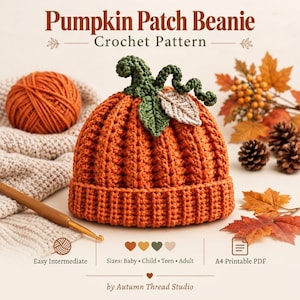 Peut inclure: Un modèle de crochet intitulé Pumpkin Patch Beanie par Autumn Thread Studio. L'image montre un bonnet orange texturé avec une tige verte et des feuilles, une pelote de laine orange et un crochet. Le texte indique Easy Intermediate, tailles Baby, Child, Teen, Adult et A4 Printable PDF.