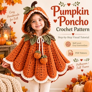 Puede incluir: Un niño viste un poncho de ganchillo naranja con forma de calabaza, capucha, hojas verdes y dos borlas pequeñas con forma de calabaza en cordones blancos. El poncho tiene un borde festoneado blanco. Texto: Pumpkin Poncho Crochet Pattern.