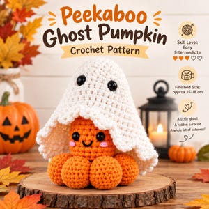 May include: A crochet pattern titled Peekaboo Ghost Pumpkin featuring a white crocheted ghost covering an orange pumpkin. The pumpkin has black eyes, a smile, and pink cheeks. The text indicates a skill level of easy intermediate and a finished size of approximately 15-18 cm.