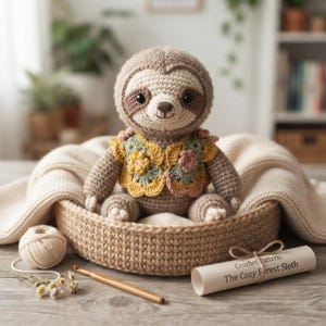 May include: A crocheted sloth toy with brown and cream yarn, wearing a floral vest in yellow, green, and pink. It sits in a woven basket with a ball of yarn, a wooden crochet hook, and a paper scroll labeled Crochet Pattern: The Cozy Forest Sloth.