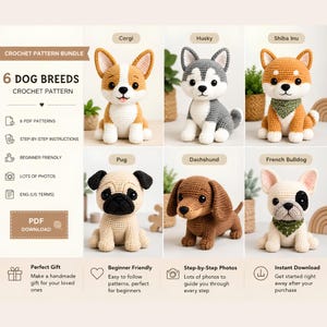 6 hundraser virkmönster bunt, Corgi Husky Shiba Inu Mops Tax Fransk Bulldogg PDF Amigurumi, Amigurumi Valp Plyschdesigner
