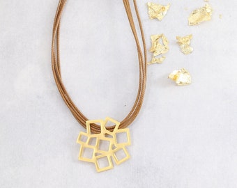 Flower Necklace Pendant, Gold Plated Necklace, Geometric Necklace, Trendy Jewelry, Cotton Cords Necklace, Urban Necklace, Square Necklace