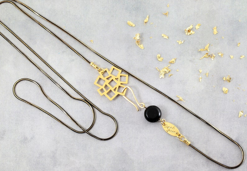 Wrap Necklace, Onyx Necklace, Black Gold Necklace, Trendy Jewelry, Minimalist Necklace, Geometric Pendant Necklace, Long Gold Necklace,Chain image 3