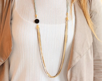 Multi Strand Necklace, Long Necklace, Black Gold Necklace, Onyx Necklace, Everyday Necklace, Minimalist Necklace, Gold Geometric Necklace