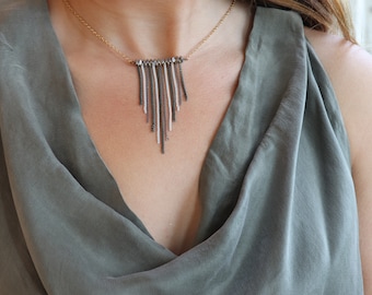 Tassel Necklace, Bib Necklace, Boho Necklace, Minimalist Necklace, Women Unique Necklace, Contemporary Jewelry, Fringe Necklace, Hematite