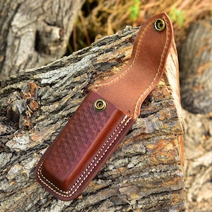 FOLDING POCKET KNIFE Sheath 5" Brown Genuine Leather Belt Loop Case