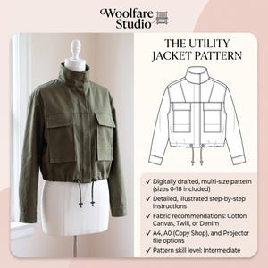 Molde para jaqueta utilitária feminina: modelagem folgada, cintura com cordão (download em PDF)