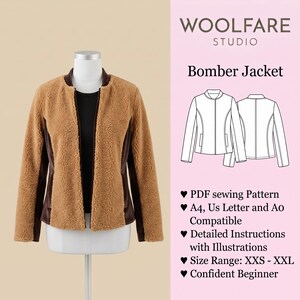 May include: A tan faux-shearling bomber jacket with dark brown side panels and a collarless neckline. The image includes text: WOOLFARE STUDIO, Bomber Jacket, PDF sewing Pattern, A4, Us Letter and A0 Compatible, Detailed Instructions, Size Range: XXS - XXL.