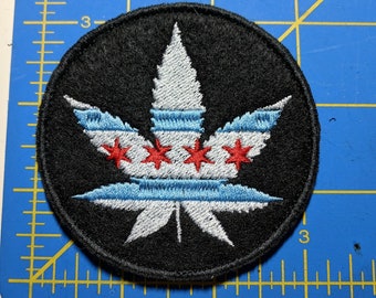 Chicago Flag Marijuana Leaf Embroidered Patch