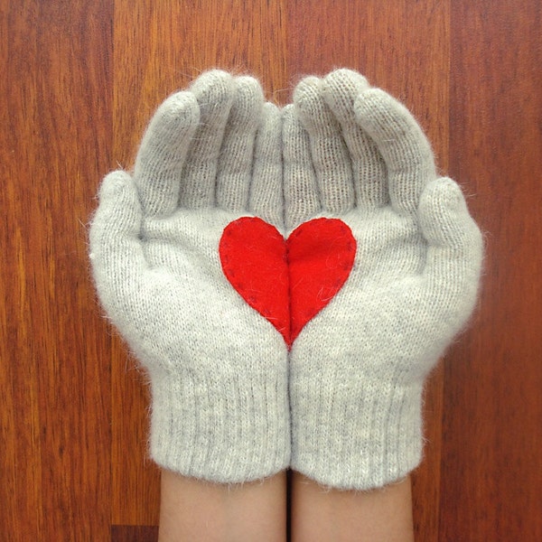 Handful of Heart, Light Grey Gloves with Red Felt Heart