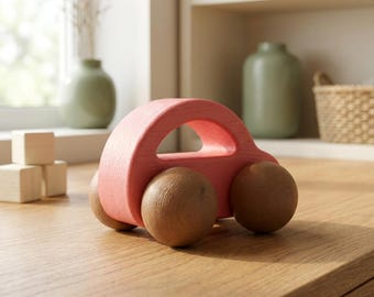 Montessori Push-Along Toy Car – Plant-Based Toddler Grip Toy, Soft Coral Finish | Tondo by Opale Tots