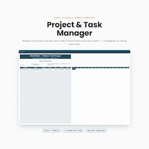 Può includere: Un modello digitale di gestione progetti e attività per Excel e Google Sheets. L'interfaccia mostra un elenco di attività con colonne per nome, progetto, assegnatario, priorità, stato, data di inizio e scadenza, accanto a una griglia temporale.