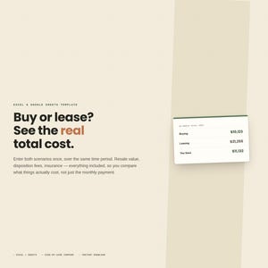 Può includere: Una pagina prodotto digitale per un modello di comparatore di costi di acquisto o leasing auto SheetMakers. Il testo recita: Buy or lease? See the real total cost. Una scheda mostra i costi totali a 36 mesi: 10.123 $ per l'acquisto e 21.255 $ per il leasing.