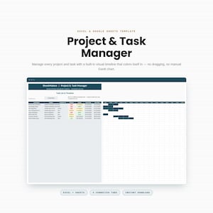 Project Management Tracker Excel Template | Task Manager Spreadsheet with Gantt Timeline