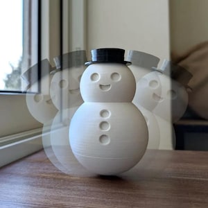 May include: A white snowman figurine with a black top hat, featuring a rounded body, a smiling face, and three circular buttons on its torso. The image displays a motion blur effect, showing the snowman in multiple positions as it rocks back and forth.