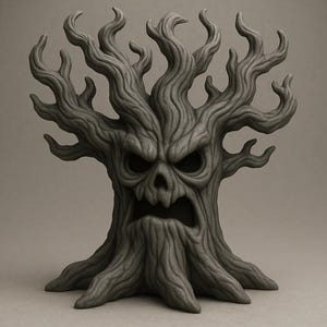 May include: A dark gray, textured sculpture of a tree with a menacing, anthropomorphic face. The tree features gnarled, upward-reaching branches, deep-set hollow eyes, a prominent nose cavity, and an open, jagged mouth with a textured bark surface.