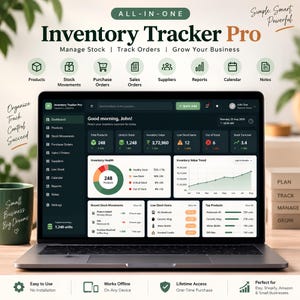 May include: A laptop screen displaying the Inventory Tracker Pro software interface, featuring a dashboard with inventory health charts, stock movement logs, and business metrics. The UI includes navigation menus, data visualizations, and text labels for managing products, orders, and suppliers.