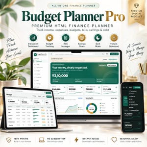Könnte beinhalten: Budget Planner Pro digitales Finanztool auf Laptop, Tablet und Smartphone. Die Benutzeroberfläche zeigt dunkelgrüne und weiße Farbschemata mit interaktiven Dashboards, Budgetverfolgung, Rechnungsverwaltung und Diagrammen für Sparziele.