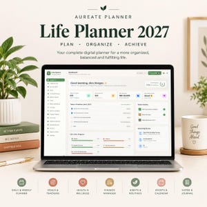 Puede incluir: Un ordenador portátil que muestra el panel de control del Aureate Planner Life Planner 2027, con secciones para tareas diarias, hábitos y progreso. La pantalla presenta una interfaz limpia con el texto Good morning, Alex Morgan y Plan, Organize, Achieve.