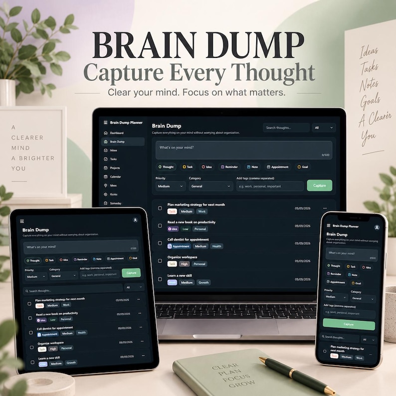 Interactive HTML Brain Dump Planner | Task & Project Organizer (Digital Download)