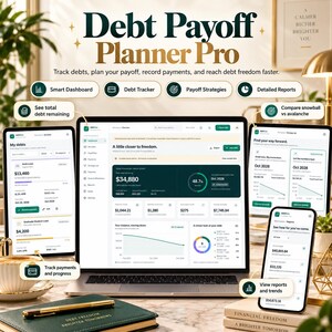 Könnte beinhalten: Eine digitale Debt Payoff Planner Pro-Oberfläche auf einem Laptop, Tablet und Smartphone. Die Bildschirme zeigen Finanz-Dashboards, Schulden-Tracker, Rückzahlungsstrategien und Berichte mit Diagrammen, Texten und Daten zur Schuldenverfolgung.
