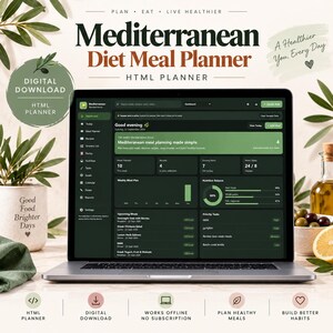 Mediterranean Diet Meal Planner | Digital Meal Planner, Recipe Planner & Grocery List ( HTML DOWNLOAD )