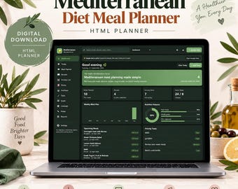 Mediterranean Diet Meal Planner | Digital Meal Planner, Recipe Planner & Grocery List ( HTML DOWNLOAD )