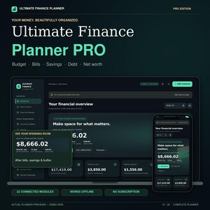 Könnte beinhalten: Eine digitale Finanzplaner-Oberfläche auf einem Laptop- und Smartphone-Bildschirm. Das dunkel gestaltete Dashboard enthält Text wie Ultimate Finance Planner PRO, Your financial overview und Make space for what matters.