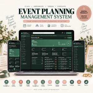May include: A digital event planning management system displayed on a laptop and two smartphones. The dark green interface shows dashboards with event details, guest tracking, budget summaries, and task lists. Text includes "Event Planning Management System" and "Digital Product".