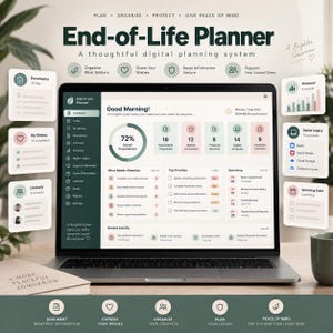 May include: A laptop screen displaying an End-of-Life Planner digital interface with a dashboard showing 72% overall preparedness, various task categories, and icons for documents, finances, and digital legacy, surrounded by floating informational cards.