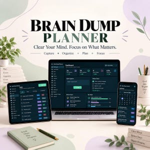 May include: A digital Brain Dump Planner displayed on a laptop, tablet, and smartphone. The screen shows a dark-themed dashboard with task lists, calendars, and goal tracking. A physical green notebook with the text Small Steps Big Progress sits nearby.