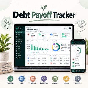 May include: A digital debt payoff tracker displayed on a laptop screen and a smartphone. The interface features a dashboard with financial charts, debt reduction graphs, and payment schedules. The color scheme is white, dark green, and teal.