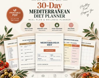 30 Day Mediterranean Diet Planner | Printable Meal PDF | Meal Prep Tracker | Instant Download