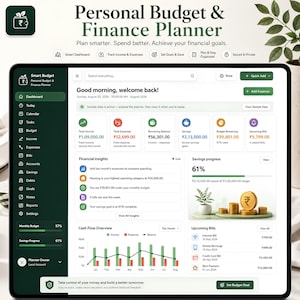 Puede incluir: Una interfaz digital de planificador de presupuesto y finanzas personales en una pantalla. El panel incluye una barra lateral verde oscuro con iconos de navegación, tarjetas de resumen financiero, gráficos de ahorro y un resumen de flujo de caja.